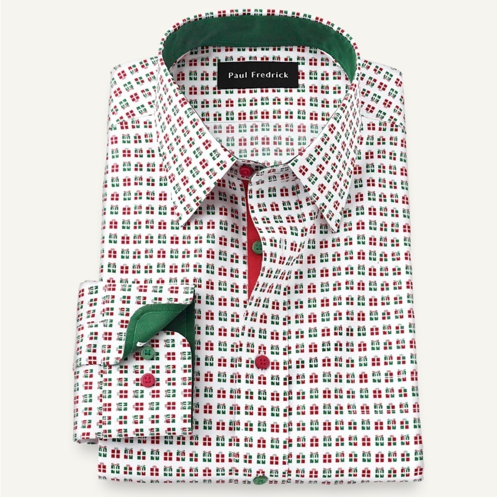 NWOT Paul Fredrick Holiday White Green Red Xmas Gift Patterned Shirt